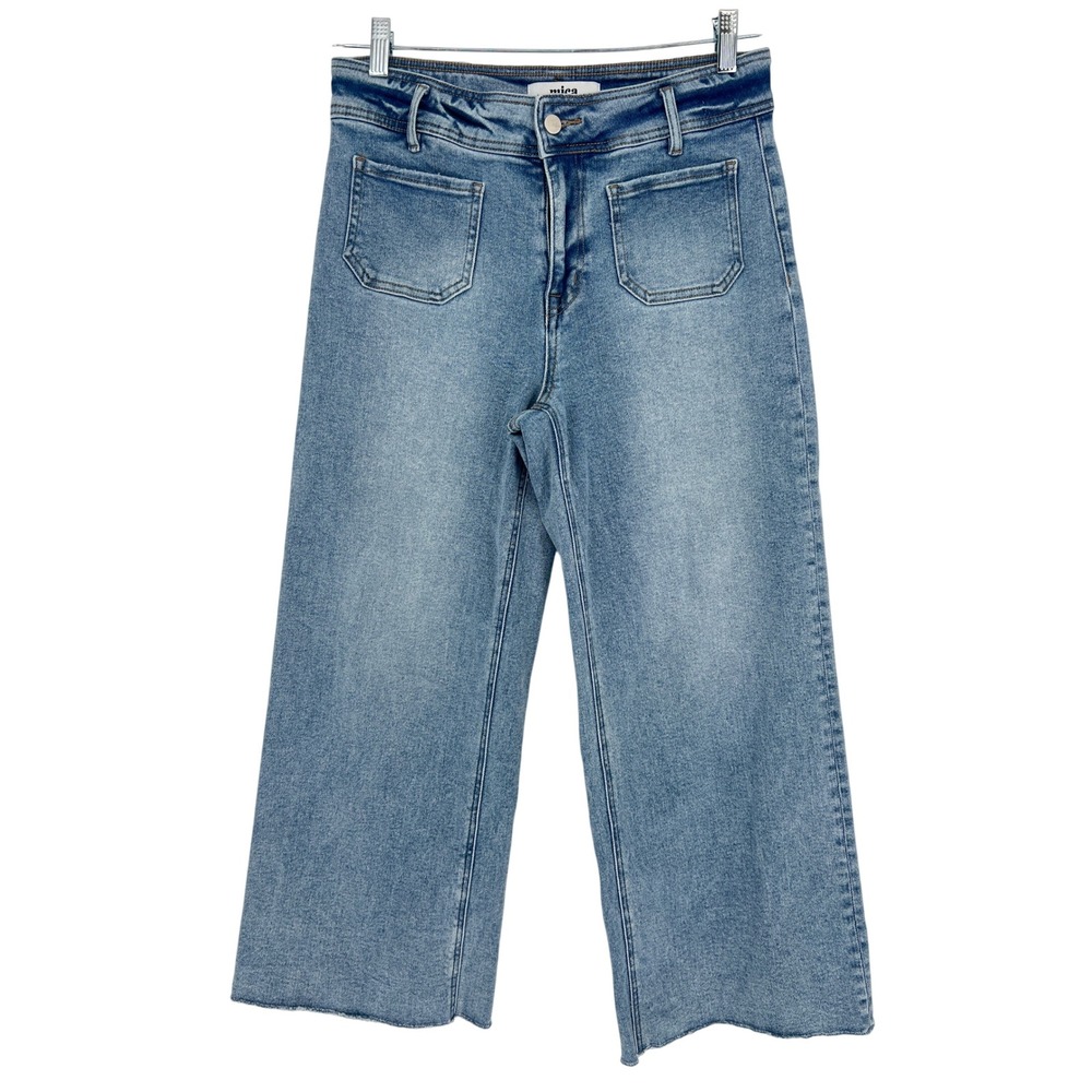 Mica Wide Leg Crop Jeans Womens 28 Blue‎ Patch Pocket Raw Hem Stretch Denim